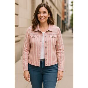 Christopher & Banks Striped Trucker Jacket L Women Pink Beige Cotton Blend